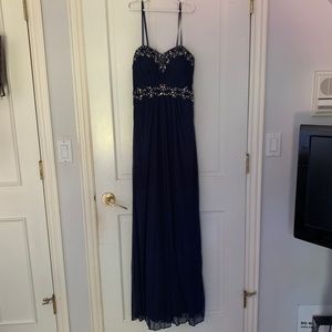 Long Blue Prom Dress Floor Length Embellished